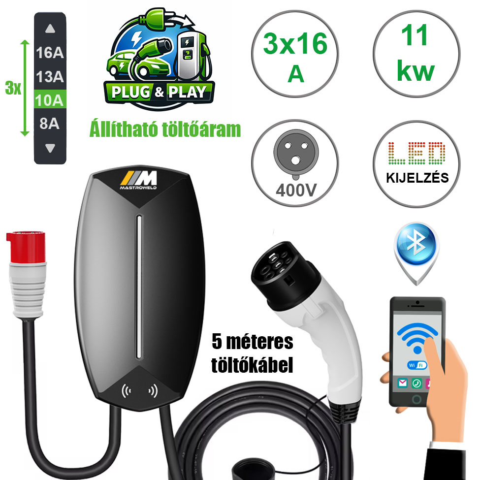 Mastroweld EVoCHARGE fali elektromos autó töltő, 11 kW, 5 m termék fő termékképe